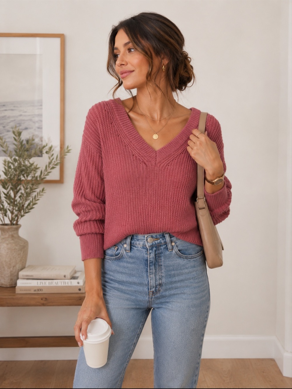 Aerie Dusty Rose V Neck Oversized Knit Sweater XXS